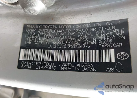 2013 Toyota Prius Three z USA, uszkodzony, nr VIN JTDKN3DU9D0346272